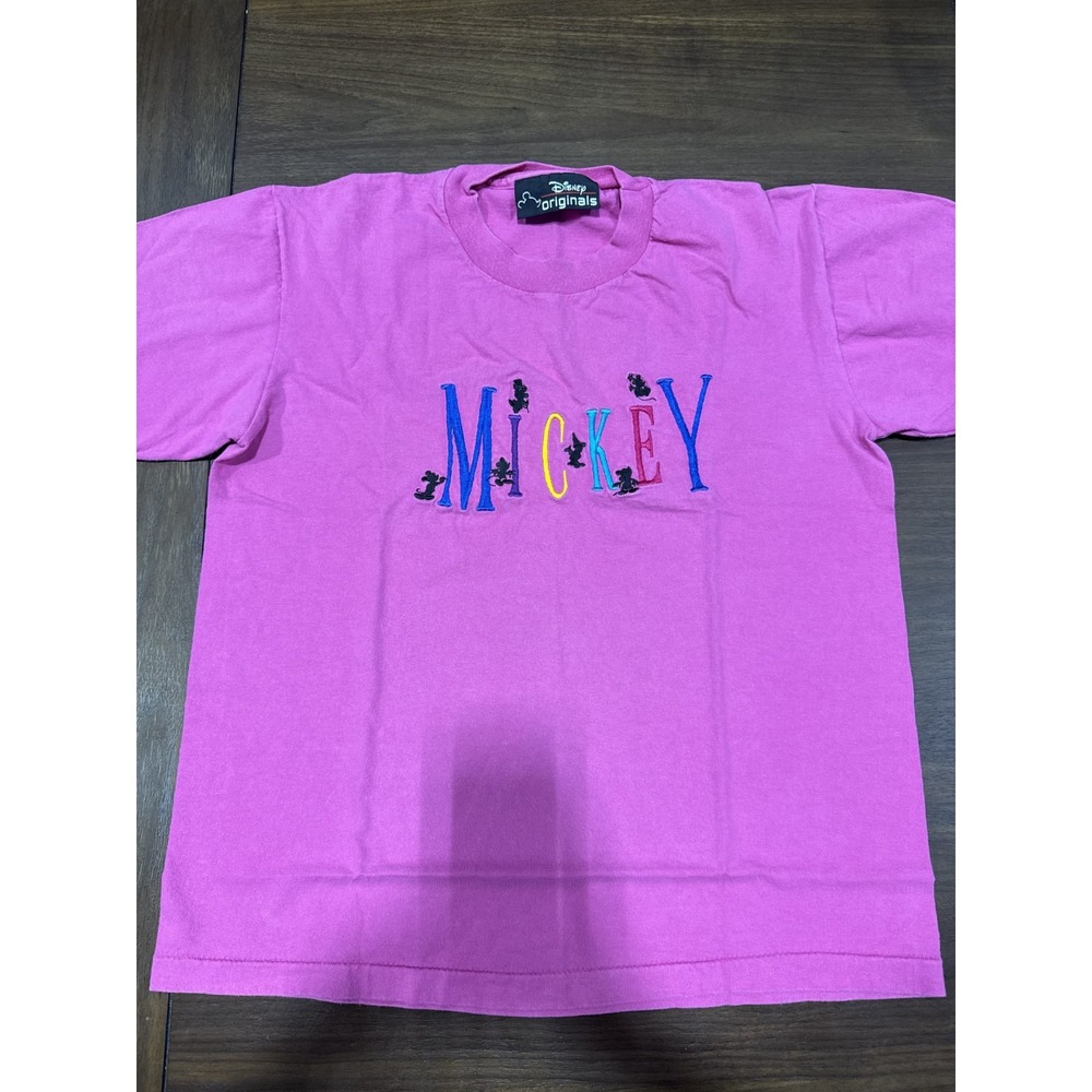 VTG 90s Disney Originals Mickey Mouse Spellout T Shirt Pink "Estimated Size: M"